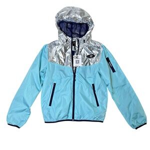 Rokka&Rolla Girls Hooded Windbreaker Jacket Silver Blue XL 14-16 Water Resistant